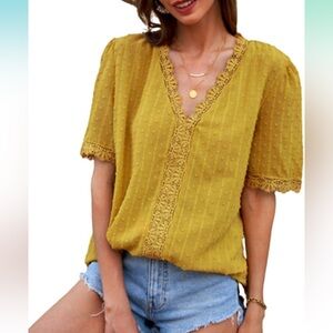 Elegant Mustard Lace Trim Blouse